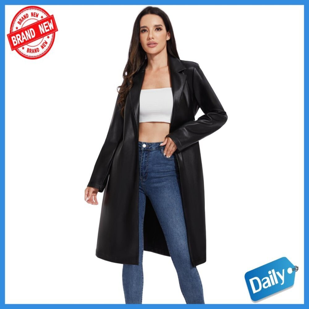 Faux Leather Trench Coat Moto Jacket Slim Fit Long Sleeve